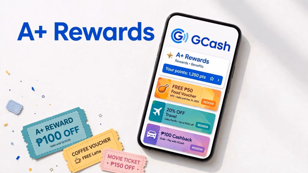 Phone showing GCash A+ Rewards voucher cards with the GCash logo