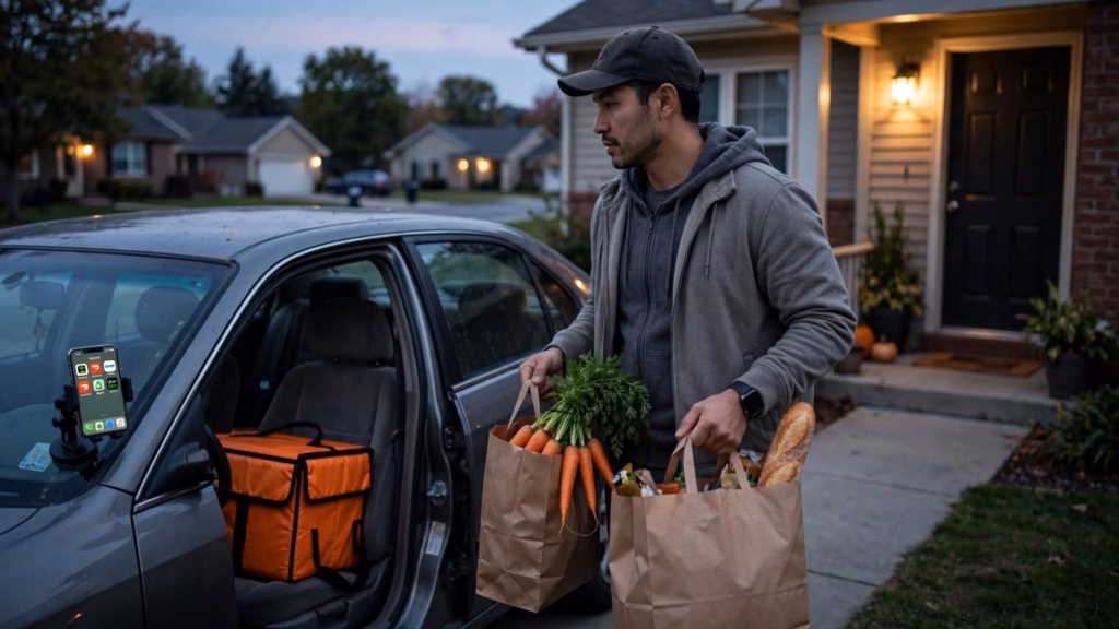Delivery driver carrying grocery bags to a front door, with a phone on the dashboard showing Instacart, DoorDash, Shipt, Uber Eats, and Walmart Spark icons