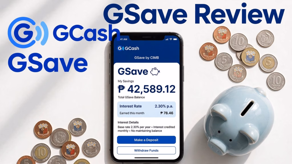 Phone showing the GCash GSave savings screen with the GCash logo and a piggy bank