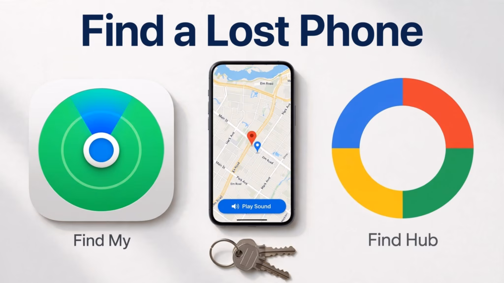 Phone showing a map pin next to the Apple Find My and Google Find Hub logos