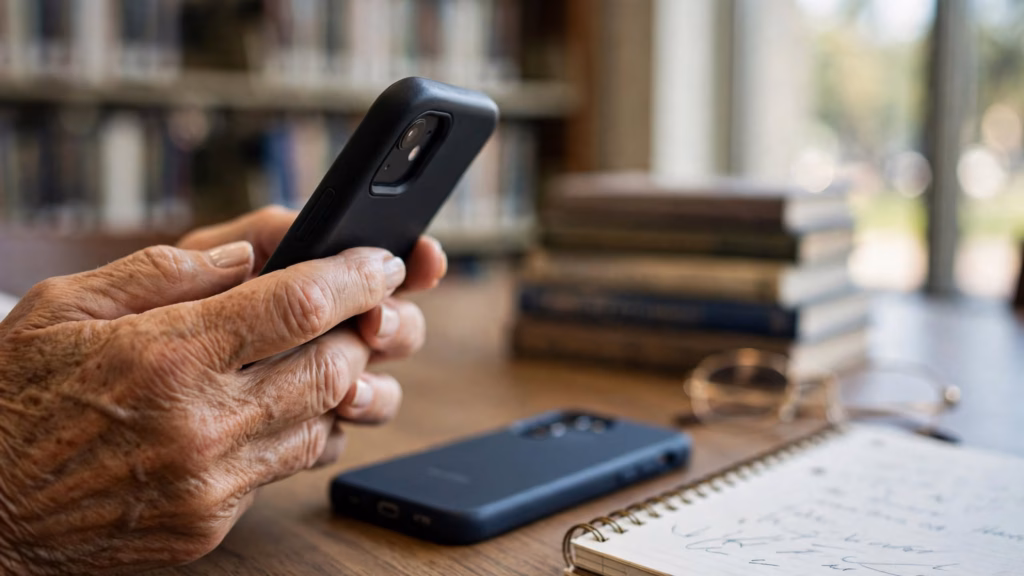 Older woman's hands holding an iPhone beside a Samsung Galaxy phone, a notebook of handwritten steps, and reading glasses