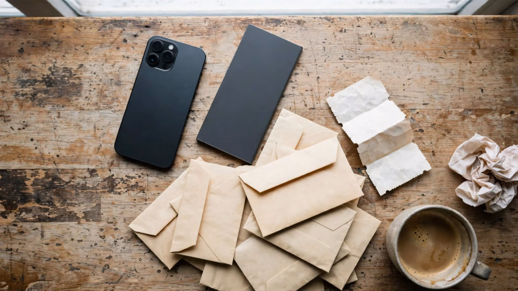 iPhone and Samsung Galaxy phones face-down on a wooden table next to a pile of junk mail and a cup of coffee