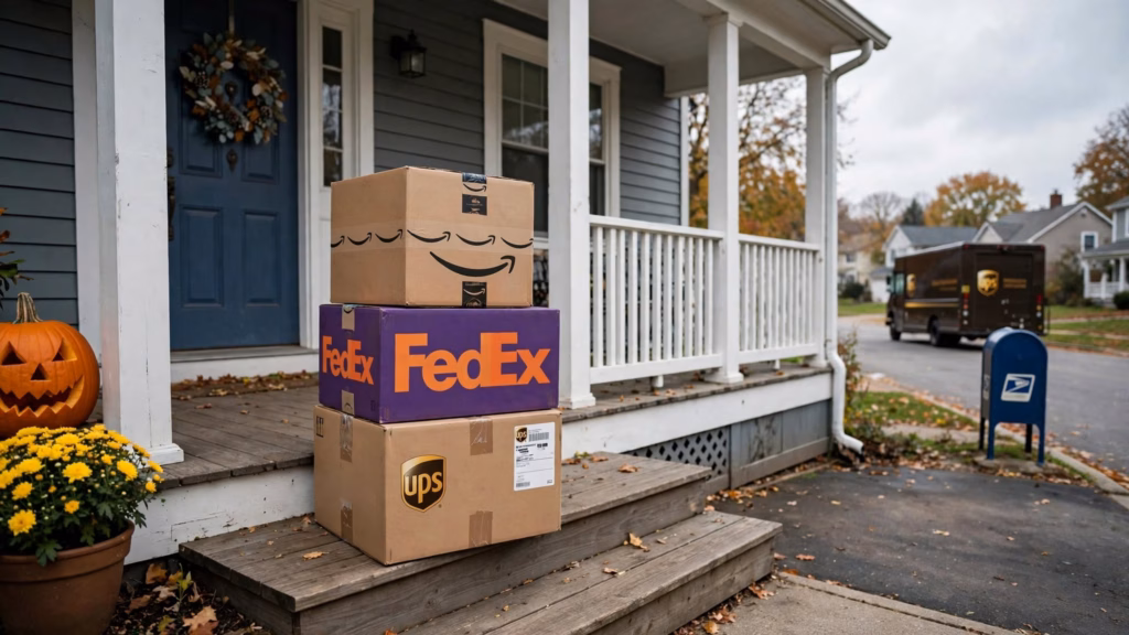 Amazon, FedEx, and UPS boxes on a front porch with a UPS truck and a USPS mailbox in the background