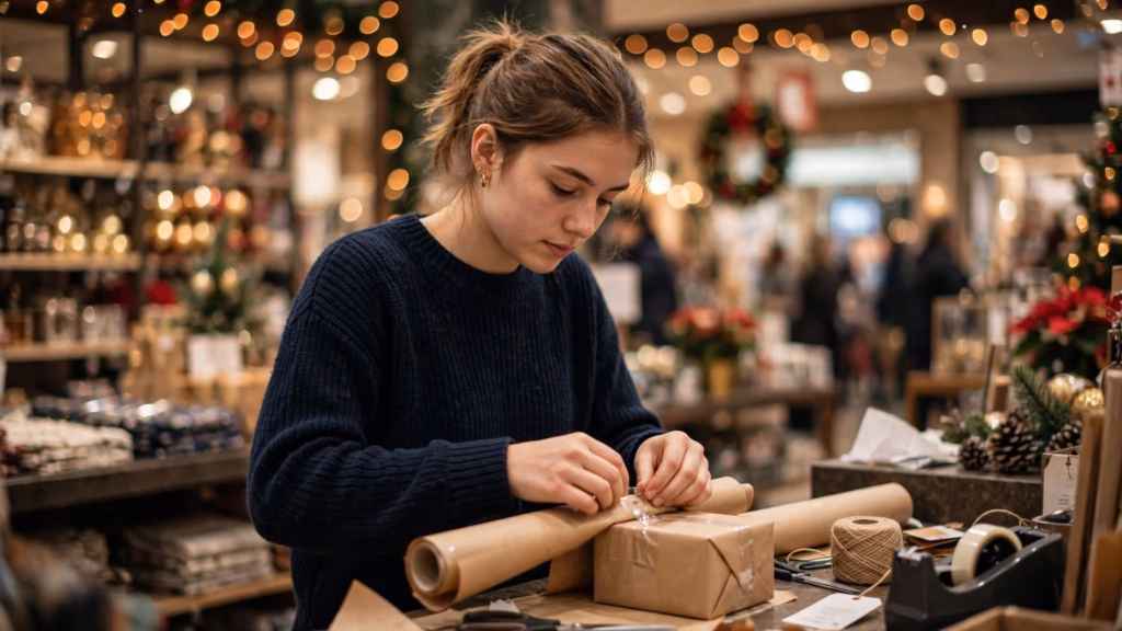 Department store during the Christmas season, a young shop assistant in a plain dark sweater wrapping a gift at the counter, warm string lights and decorated shelves softly blurred in the background