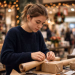 Department store during the Christmas season, a young shop assistant in a plain dark sweater wrapping a gift at the counter, warm string lights and decorated shelves softly blurred in the background