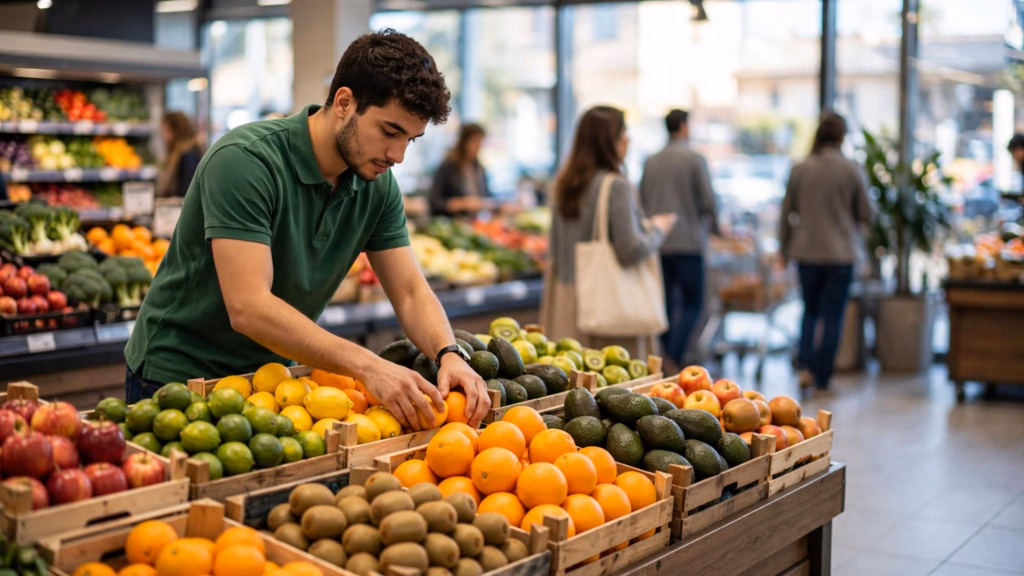 un joven empleado de tienda con un polo verde liso reponiendo fruta fresca en un expositor de productos agrícolas, con los compradores suavemente desenfocados al fondo