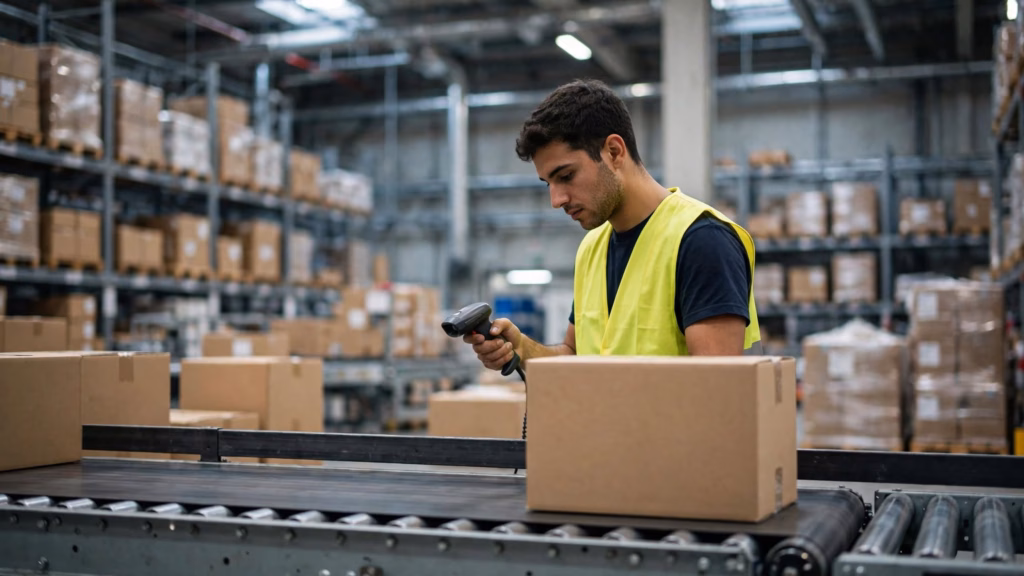 gran almacén logístico moderno en España: un joven operario, con un chaleco de alta visibilidad liso y calzado de seguridad, escanea una caja de cartón sobre una cinta transportadora.