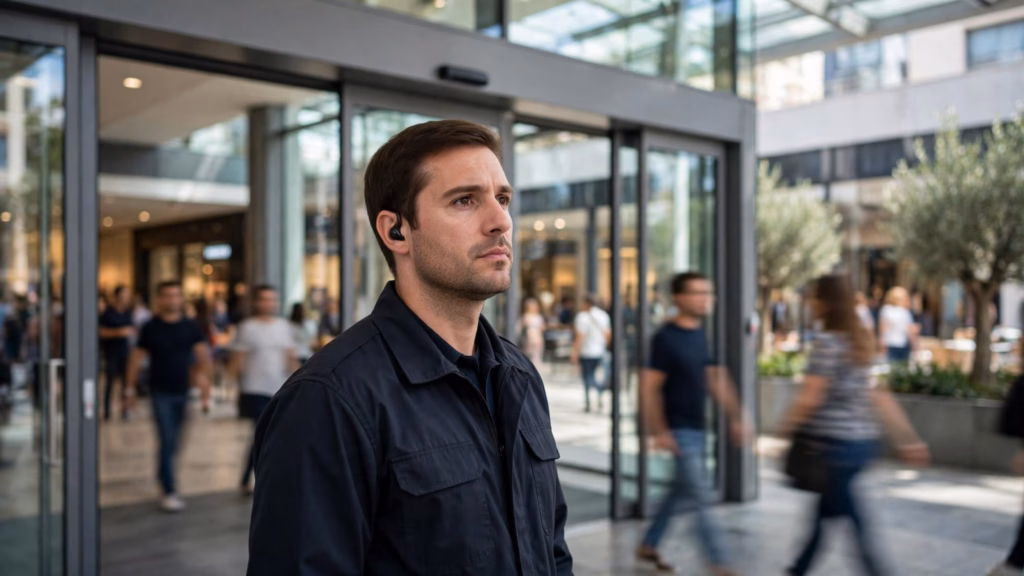 un guardia de seguridad con un uniforme oscuro y sencillo, sin insignias ni logotipos, de pie en la entrada de un centro comercial moderno en una ciudad española.