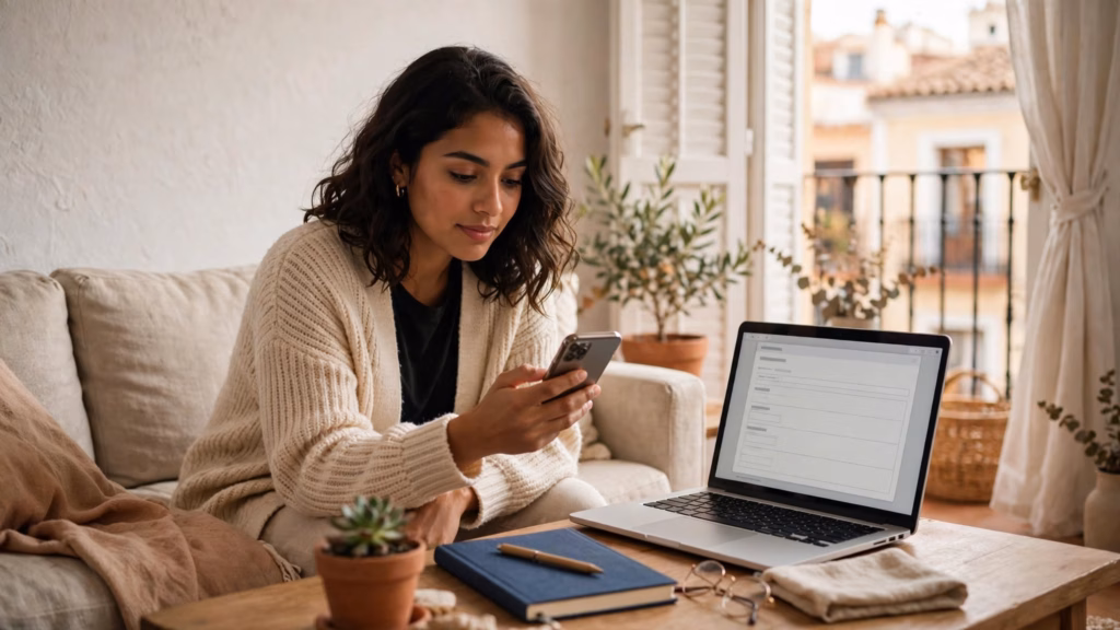 una joven latinoamericana de unos veintitantos años sentada en el sofá de un luminoso apartamento español; consulta ofertas de empleo en su teléfono inteligente mientras tiene un portátil abierto en la mesa de centro mostrando un formulario genérico en blanco.