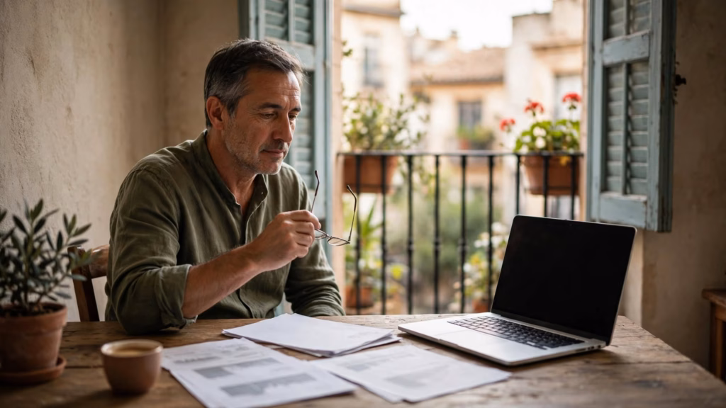 un hombre de unos cincuenta y tantos años sentado a la mesa del comedor en un apartamento español modesto, revisando documentos impresos y un informe de cotizaciones de pensiones junto a un ordenador portátil.