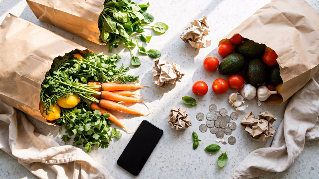 Grocery bags, receipts and a few coins on a kitchen counter after shopping