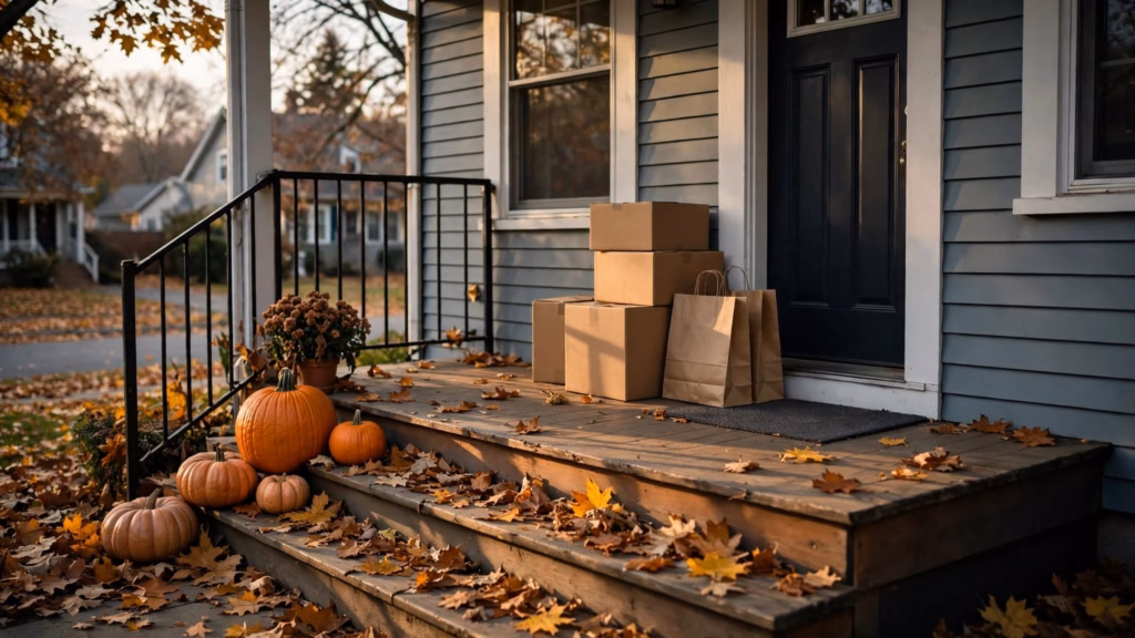 Delivery boxes and shopping bags stacked on a front porch with pumpkins and fall leaves