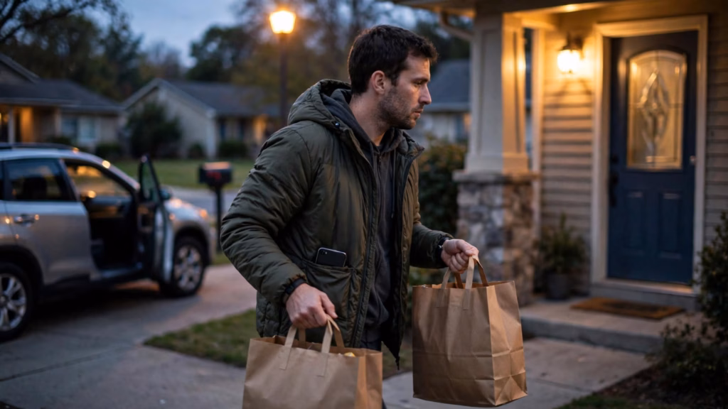 Delivery driver carrying grocery bags from his car to a front door at dusk