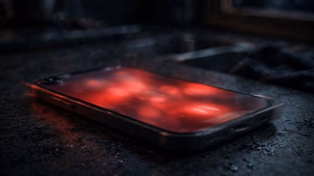 Smartphone glowing red on a dark counter as an unwanted call comes in