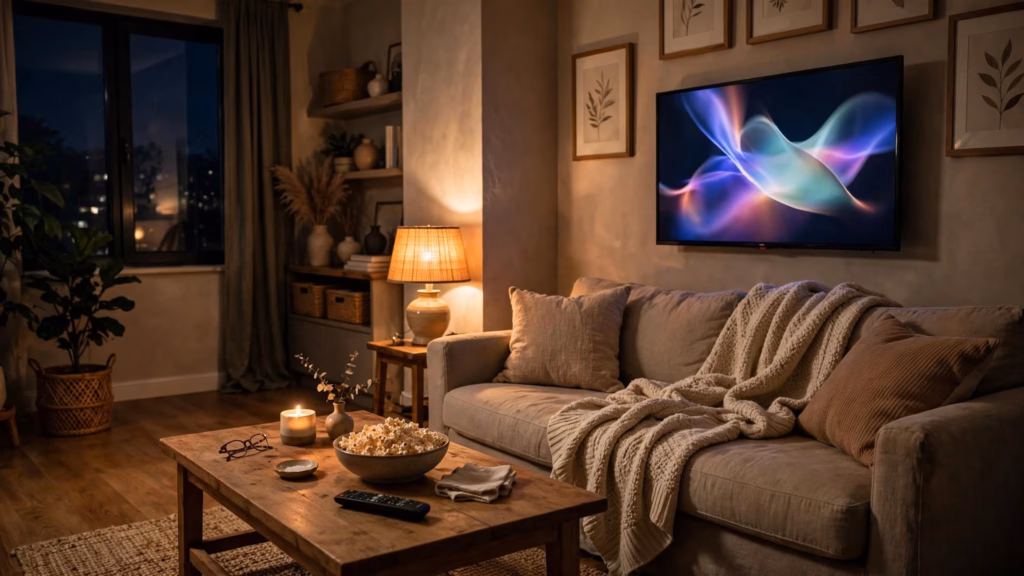 Cozy living room at night with the TV on, a remote and a bowl of popcorn on the coffee table