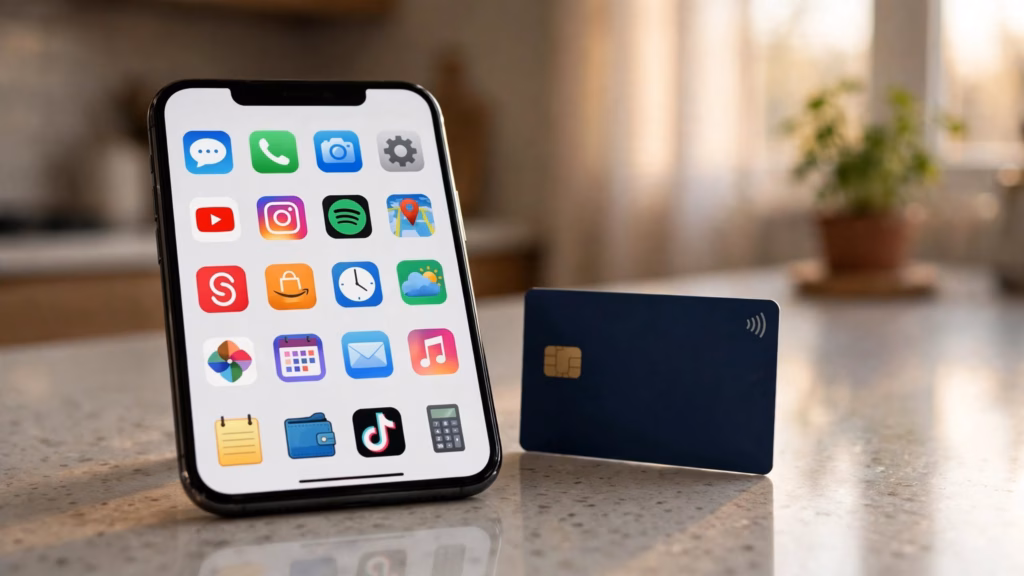 Smartphone home screen with the Shein app icon next to a credit card on a kitchen counter