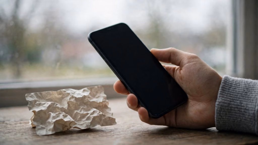 Hand holding a smartphone with the screen off, a crumpled flyer on the table beside it