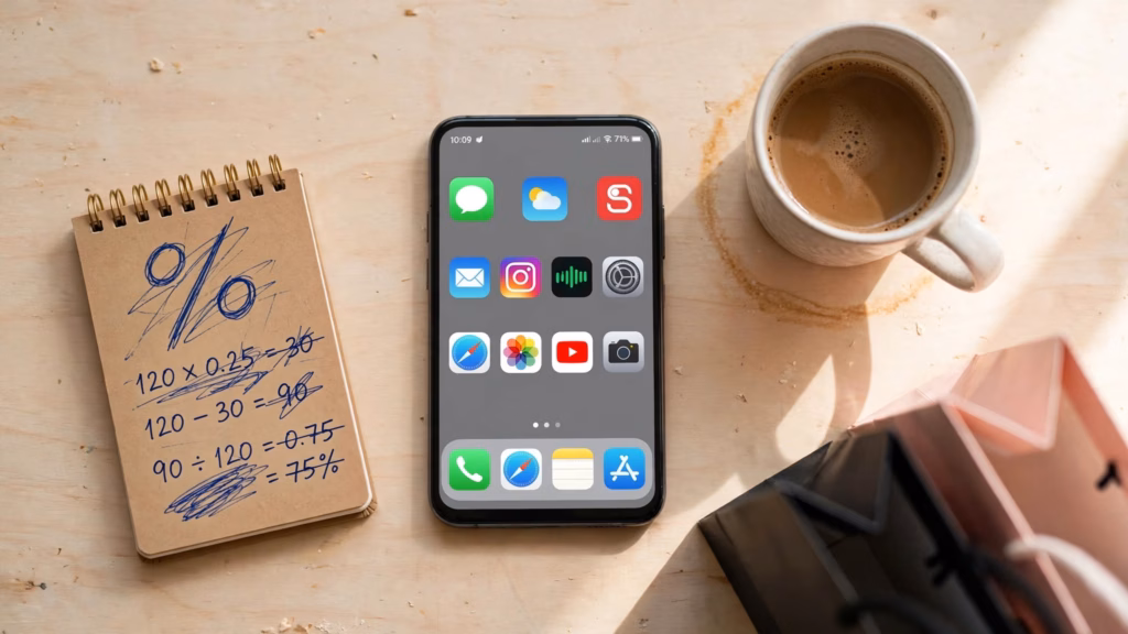 Smartphone with the Shein app icon and a notebook with a hand-drawn percent sign on a desk