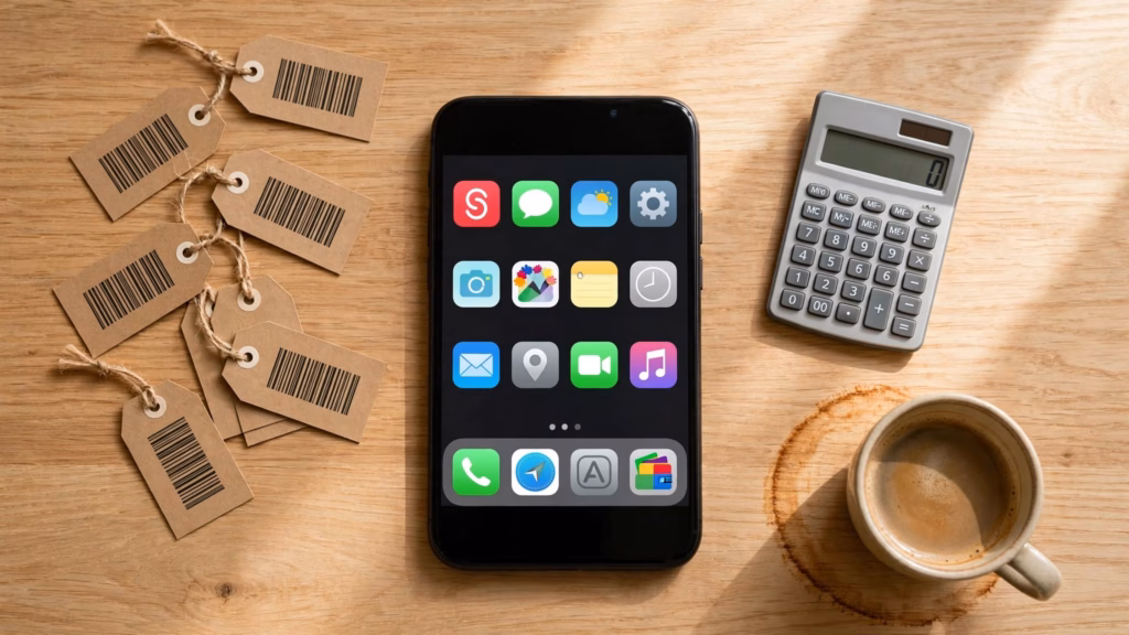Smartphone with the Shein app icon, blank shopping tags, and a calculator on a table