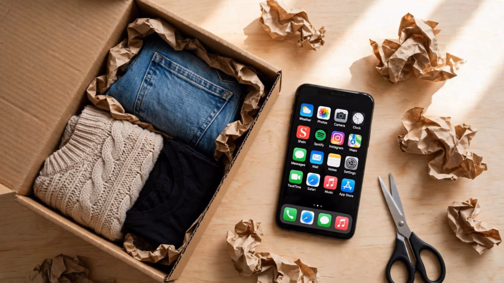 Open shipping box with folded clothing next to a smartphone showing the Shein app icon