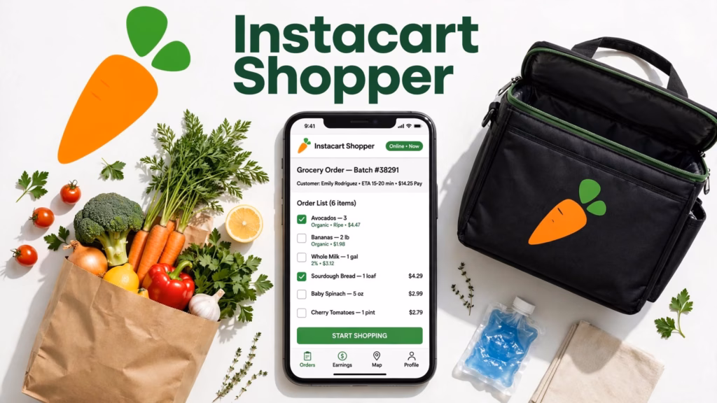 Phone with the Instacart shopper app and logo beside a grocery bag