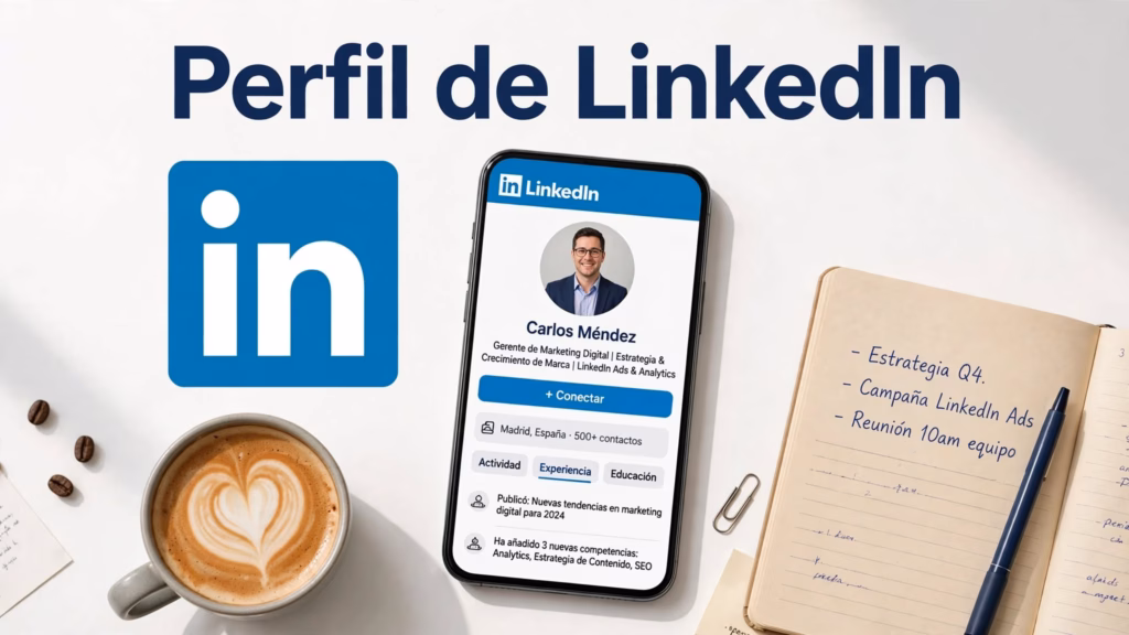 Móvil con un perfil profesional y el logotipo de LinkedIn junto a una taza de café y una libreta