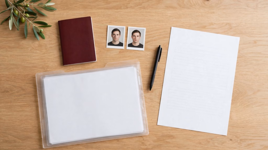 Pasaporte, fotos de carné y formularios en una carpeta, preparados para pedir el NIE