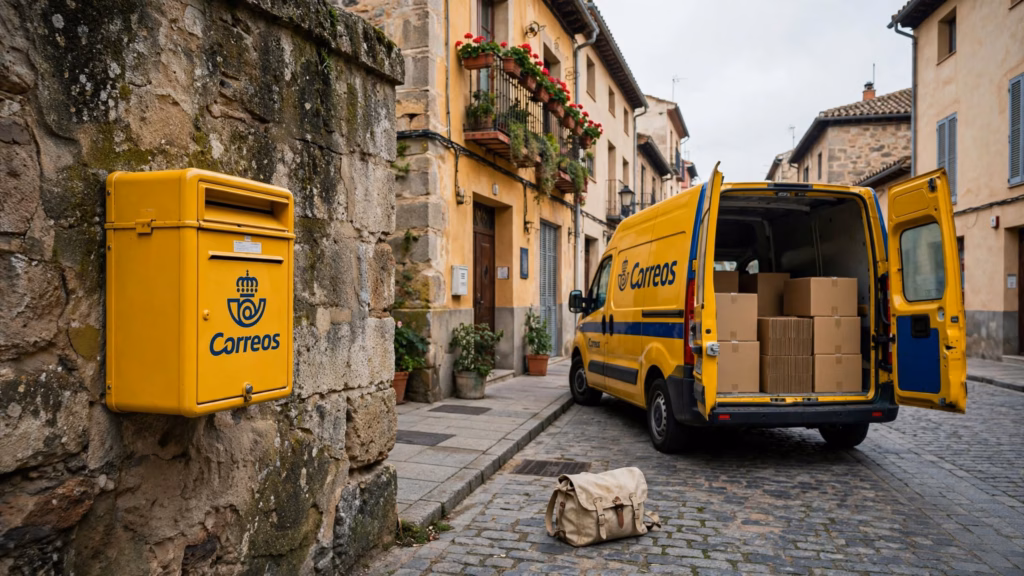 Buzón amarillo de Correos y furgoneta de Correos con paquetes de cartón en una calle de un pueblo español por la mañana