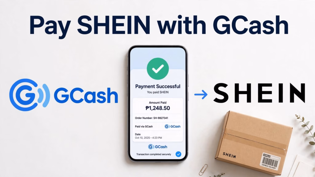 GCash payment confirmation with the GCash and Shein logos and a delivery box