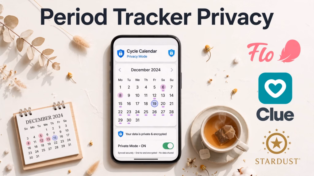 Phone with a cycle calendar and padlock next to the Flo, Clue, and Stardust logos