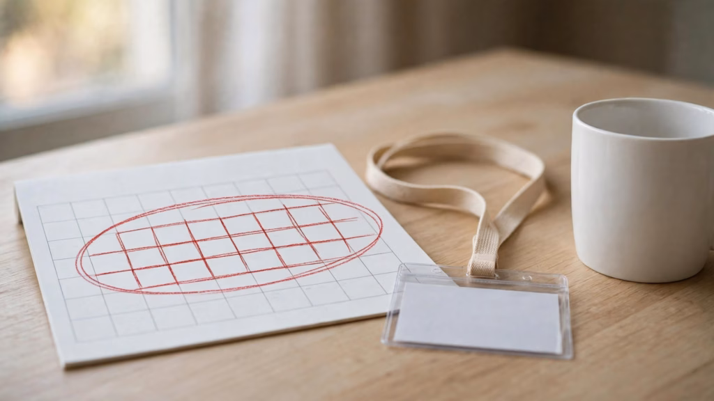 Calendario de mesa con dos semanas marcadas con lápiz rojo, junto a un cordón con acreditación en blanco y una taza