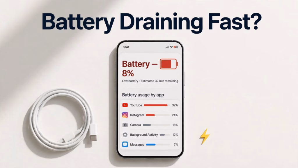 Phone showing a low red battery icon and a battery usage chart with a charging cable