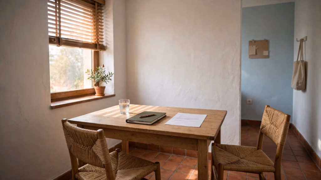 Sala de reuniones pequeña con dos sillas frente a frente, una mesa de madera con un currículum, un cuaderno y un vaso de agua
