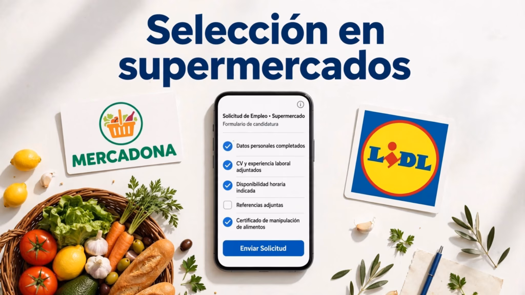Móvil con un formulario de empleo junto a los logotipos de Mercadona y Lidl y una cesta de la compra