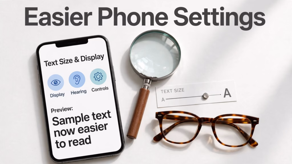 Phone with large text and icons, a magnifying glass, and a text size slider