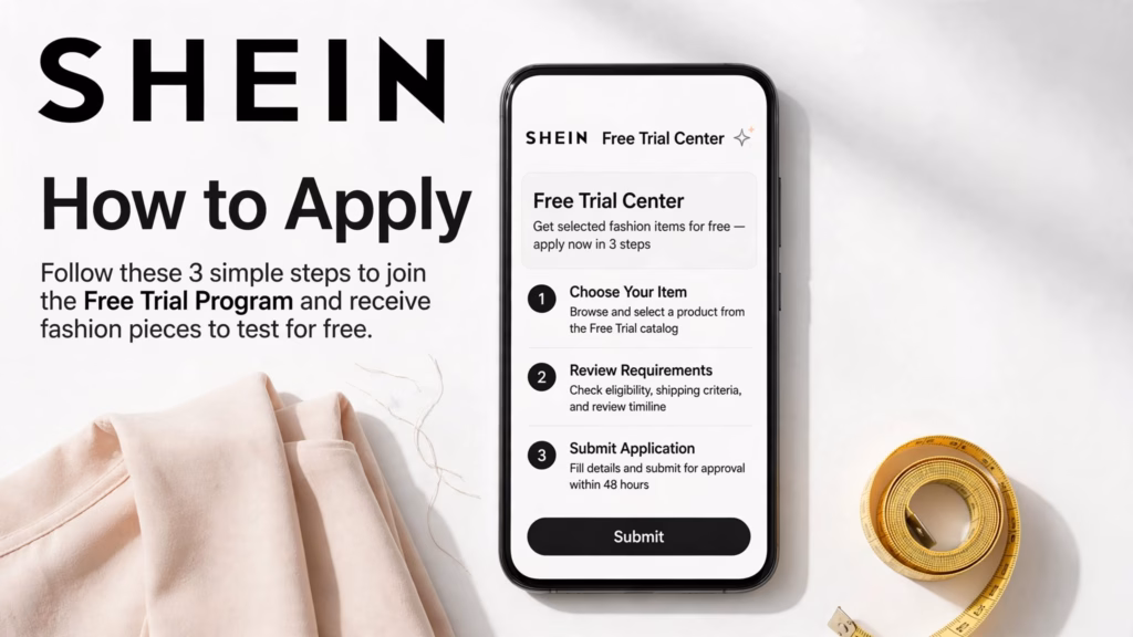 Phone showing numbered Free Trial steps with the Shein logo, a blouse, and a tape measure