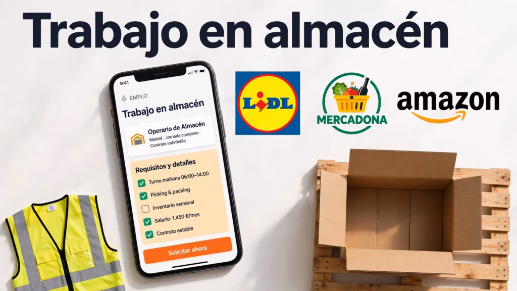 Móvil con una oferta de almacén junto a los logotipos de Lidl, Mercadona y Amazon y una caja sobre un palé