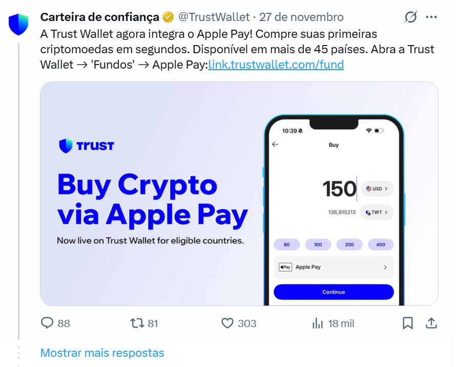Tweet oficial da Trust Wallet traduzido para o português