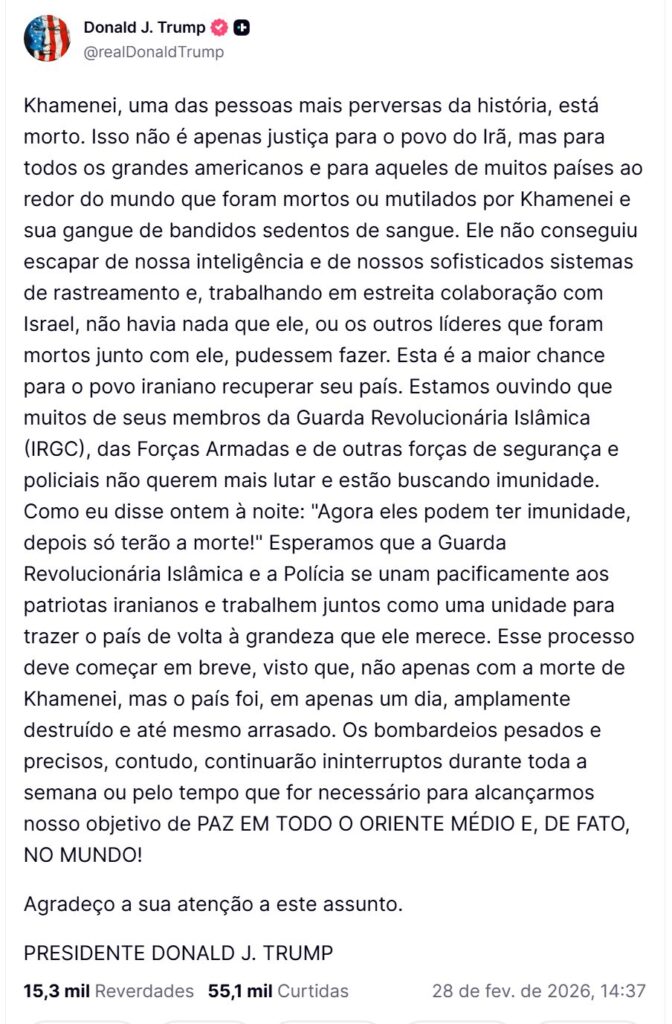 post de donald trump sobre a morte do lider do iran
